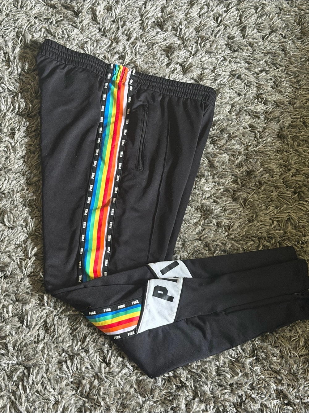 PINK Victoria's Secret Black Joggers with Rainbow Side Stripe